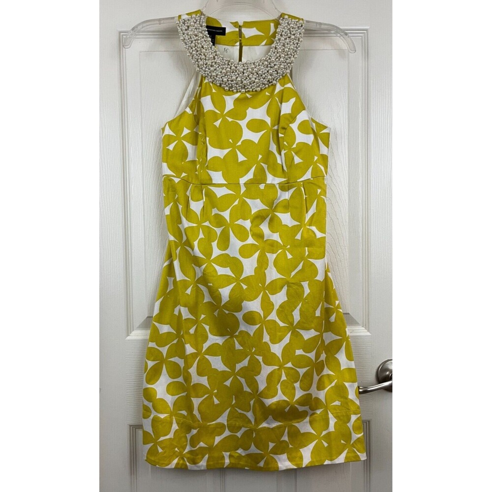INC - Mustard Floral Beaded Neck Sleeveless Cotton/Spandex Empire Dress size 2